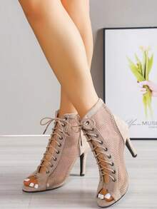 时尚女靴,百搭舒适,时尚优雅,性感迷人,女士夏秋踝靴,爵士舞高跟鞋,露趾鞋,大码高跟鞋 - 卡其色 - 查看 6