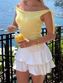 Top casual de punto amarillo con hombros descubiertos, estilo Y2K, esencial para vacaciones en la playa y salidas - Amarillo - Ver 4