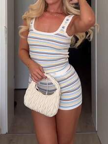 Summer Striped Casual Knit 2 Pieces Set, Square Neck Cropped Tank Top, Suitable For Vacation & Outings - Multicolor - View 5