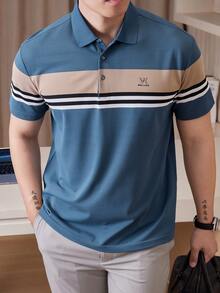 Men's Summer Short Sleeve Polo Shirt, Striped Collar, Casual Business Wear, Blue Half-Placket - Blue - View 3