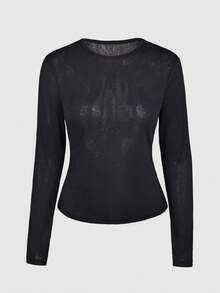 Y2K 弹力透视长袖圆领修身T恤 - 黑色 - 查看 7