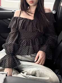 Summer Polka Dot Asymmetrical Open Shoulder Blouse For Women, French Retro Ruffle Off Shoulder Long Sleeve Shirt - Black - View 2