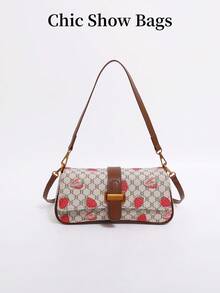 Classic Vintage Paris Bag With Distressed Pattern And Strawberry Print, Retro And Romantic. Comes With Long And Short Shoulder Straps, Can Be Worn Over The Shoulder Or Carried On The Arm. Suitable For Commuting, Dates, Shopping, Valentine's Day Gifts, And Other Occasions. - Multicolor - View 9
