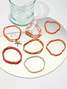 7 pièces/set Bracelet style bohème avec coquillage et perle, pendentif étoile de mer. Ensemble de bracelets pour femmes (couleurs de perles assorties) - Orange - Voir 6