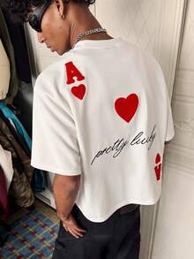 Ace Of Hearts Graphic Tee, (220g Pure Cotton T-Shirt), Fashionable Men's And Woman Cotton T-Shirt, A Perfect Surprise Gift For Family And Friends, Men's Shirts, Men's And Women Summer T-Shirt, Holiday Gift, Ideal Present. - 白色 - 查看 5