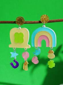 1 Đôi bông tai mặt dây chuyền hình cỏ ba lá và cầu vồng ngày lễ Thánh Patrick bằng acrylic, thiết kế sáng tạo, phù hợp cho các bữa tiệc ngày lễ và làm trang sức nữ. - Nhiều màu - Xem 3