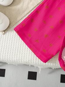 Summer Baby Girls' Cute & Fashionable Fuchsia Heart Print Asymmetric-Shoulder Ruffle Top & High Waist Loose Straight Pants Set - Hot Pink - View 8