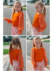 Girls Cute Crewneck Pullover Shirt - Long Sleeve Ruffle Cuffs Polka Dot Kids Top - Orange - View 5