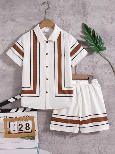 男童休闲几何条纹印花装饰纽扣领短袖上衣和短裤套装（2件套），春夏款