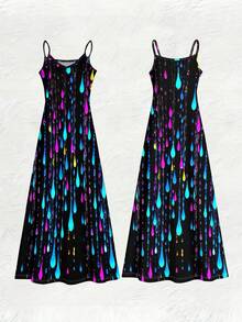 A Women's V-Neck Halter-Neck Maxi Dress With An All-Over Iridescent Water Droplet Print, Ethereal And Dreamy, Made Of Soft And Comfortable Fabric-A Summer Essential. - 彩色 - 查看 5