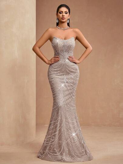 AMILUCK New Luxury High-End Sequin, Sequins, Lace Strapless Sexy Dignified Elegant Backless Mermaid Tail Dress, Formal Evening Gown For Wedding Party Guest