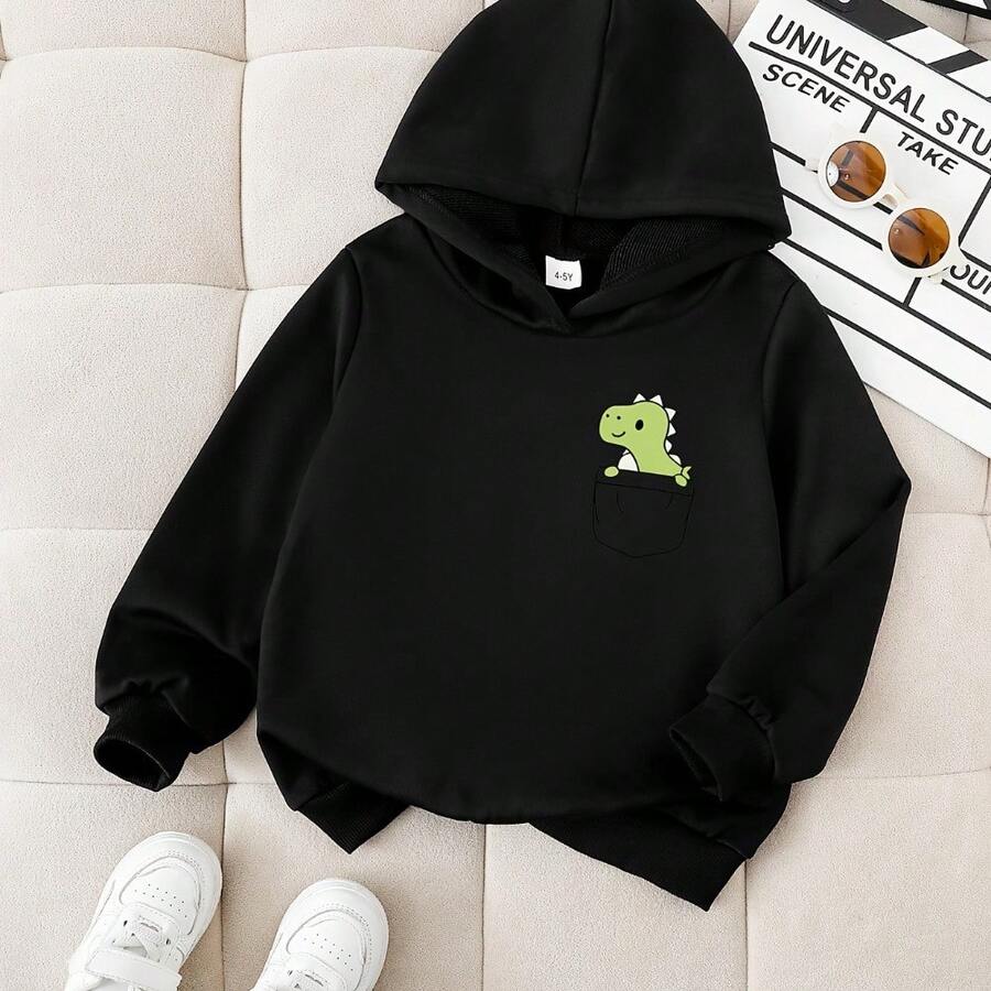 Camisola com Capuz Criativa e Estampado de Dinossauro para Bebé Menino, Elegante e Moderna, Adequada para a Escola Diária, Brincadeiras ao Ar Livre, Encontros Familiares e Outras Ocasiões, um Presente de Férias Confortável e Casual - Preto - Visão 1