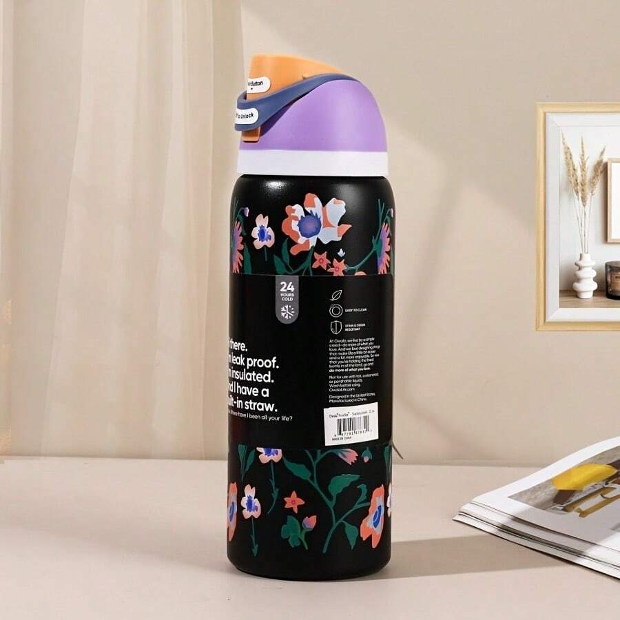 24oz /32oz Stainless Steel Insulated Water Bottle With Straw, Portable Coffee Mug Suitable For Hot & Cold Drinks, Fitness And Cycling Water Bottle, Leak-Proof Lid Travel Cup For Camping, Hiking, Driving, Outdoor Activities - 黑色 - 查看 1