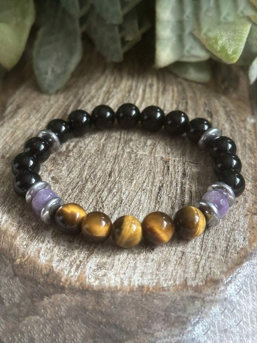1pc Men's Protection Bracelet, Tiger Eye & Tourmaline Negative Energy Shield, Empath, Courage, Focus Yoga Meditation Jewelry For Women Men - Multicolor - View 1