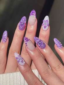 瞬间提升你的造型！24片Y2K杏仁形3D凝胶渐变紫色法式美甲贴片，饰有3D凝胶紫罗兰花朵和水钻设计，粉嫩少女风，完美贴合的假指甲套装，包含1个指甲锉和1瓶果冻胶，适合女性日常工作、节日和派对使用。 - 彩色 - 查看 7