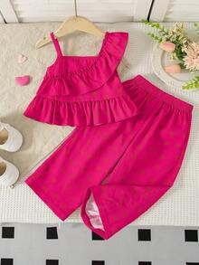 Summer Baby Girls' Cute & Fashionable Fuchsia Heart Print Asymmetric-Shoulder Ruffle Top & High Waist Loose Straight Pants Set - Hot Pink - View 1
