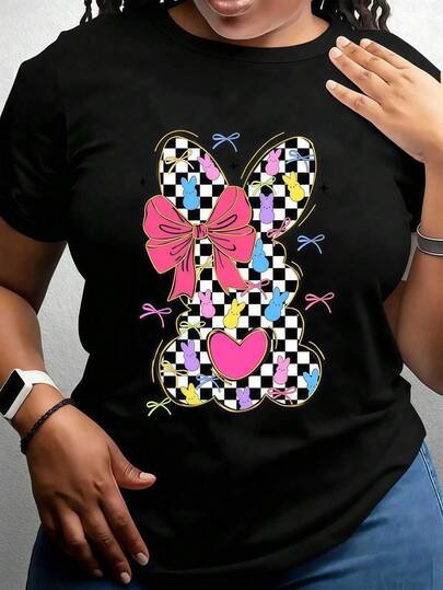 Camiseta De Mujer Con Diseño De Conejo A Cuadros, Moño, Pascua En Tonos Pastel Y Cintas, Regalo De Primavera Y Verano Para Ella Summer Essentials,Summer Outfits For Women,Graphic Tees