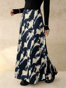 女士优雅通勤褶皱垂褶扎染印花A字裙 - 黑色 - 查看 3