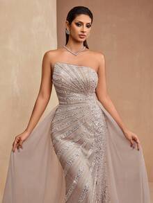 Elisanya AMILUCK Đầm đuôi cá đuôi cá cao cấp sang trọng mới, đính sequin dày, sequin, ren với lớp phủ lưới xuyên thấu - Màu be - Xem 5