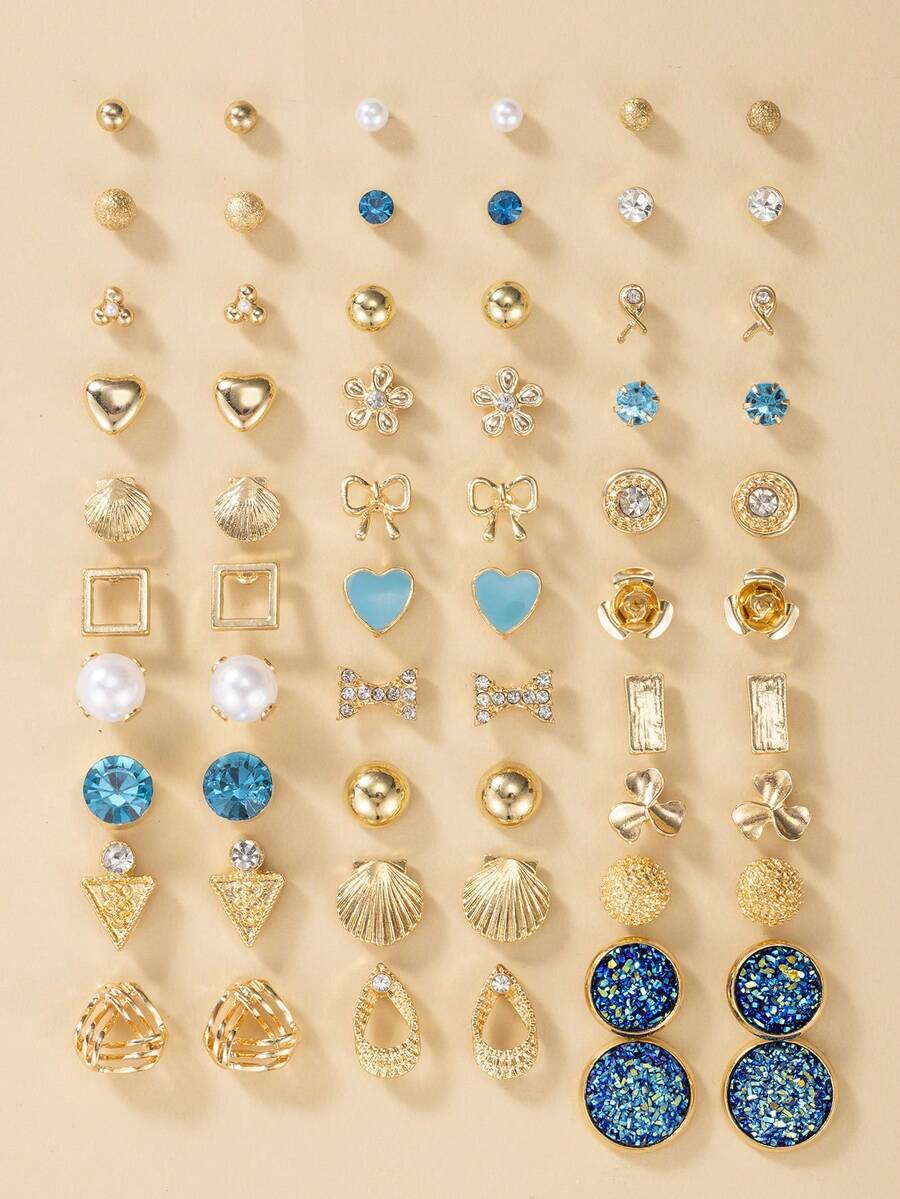 30 pares de elegantes pendientes de botón minimalistas con flores, corazones y lazos de metal y perlas falsas, regalo para mujeres - Multicolor - Ver 1