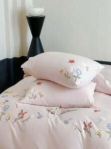 一套三件白色花卉植物刺绣床上用品，包括1个被套和2个枕套，超柔软透气时尚被套 - 淺粉色 - 查看 6
