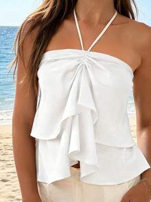 Womens Ruffle Halter Tops Summer Fashionable Spaghetti Strap Backless Going Out Vest - White - View 3