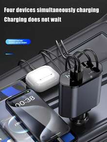 1pc Car Charger Supports Super Fast Charging, Retractable 4-In-1 Cigarette Lighter Car Charger - A - View 4