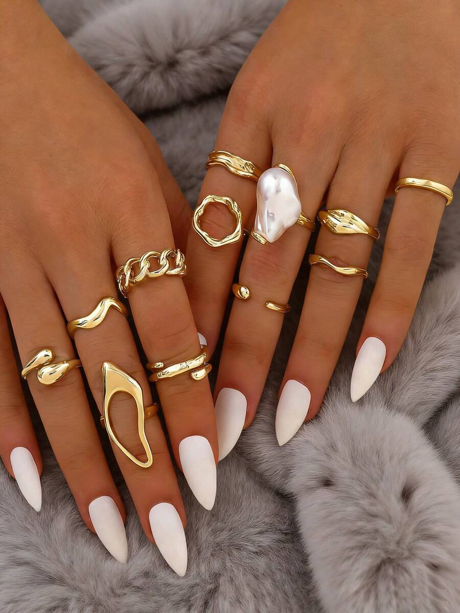 12pcs Baroque Style Faux Pearl Rings Set, Asymmetrical Layered Rings With Diverse Elements For Women - Gold - View 1