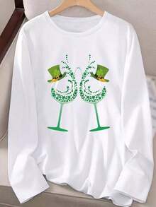 1pcs Women's Casual Printed Long-Sleeve T-Shirt St. Patrick's Day Pattern Four-Leaf Clover Print Long Sleeve T-Shirt  Comfortable And Loose Round Neck TopNew Casual T-Shirts For Men And Women - 白色 - 查看 2