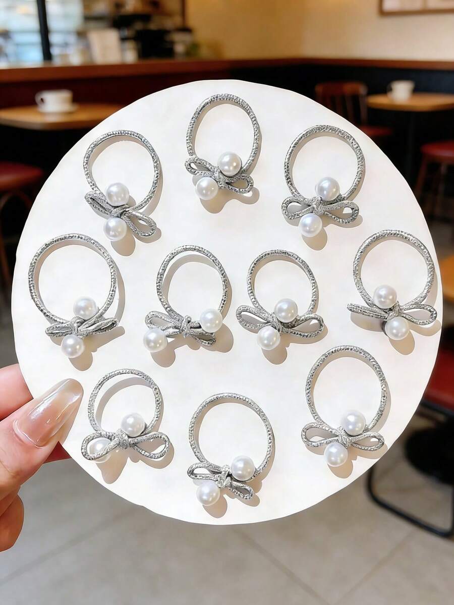 10pcs Sweet Silver Butterfly Pearl Rings, Suitable For Daily Wear - Multicolor - View 1