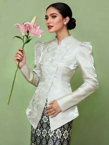 1 pieza Elegante blusa de manga larga con aplicaciones y botones para mujer, primavera/verano - Gris Claro - Ver 5