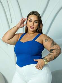 Women's Plus Size Cropped Summer Party Blouse With Neckline, Bengaline Fabric, Thick Straps, And Pointed Detail - 寶藍色 - 查看 2