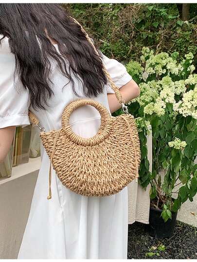 Bolsa feminina de palha praia verão lua pequena com alça transversal