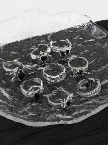 8pcs/Set Punk Style Faux Black Gemstone Bat, Spider, Heart Rose Flower Crystal Rings Set For Women - Silver - View 4