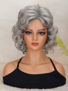 Tóc giả nữ kiểu cơ bản, xoăn gợn sóng, dài ngang vai, có mái, chất liệu sợi tổng hợp chịu nhiệt cao, lưới hoa hồng, độ dày 150%, đa năng cho cả sử dụng hàng ngày và các dịp đặc biệt - Màu xám 10 inch - Bạc - Xem 2