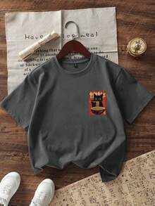 复古卡通猫吃面条印花T恤，面料柔软舒适，适合男孩户外运动、日常穿着、街头风、校园风，春夏时尚休闲上衣。 - 深灰色 - 查看 3