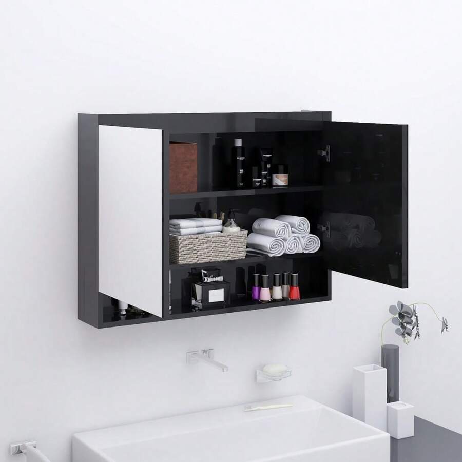 vidaXL Spiegelschrank Für Das Bad 80x15x60 Cm Glänzend Schwarz - Black - View 1