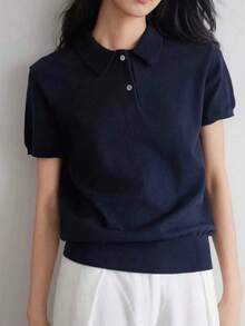 Damen marineblau einfarbiges Poloshirt mit kurzen Ärmeln, lässig und vielseitig, Wendepolokragen Sportliches Strickoberteil, Sommer - marineblau - Übersicht 5