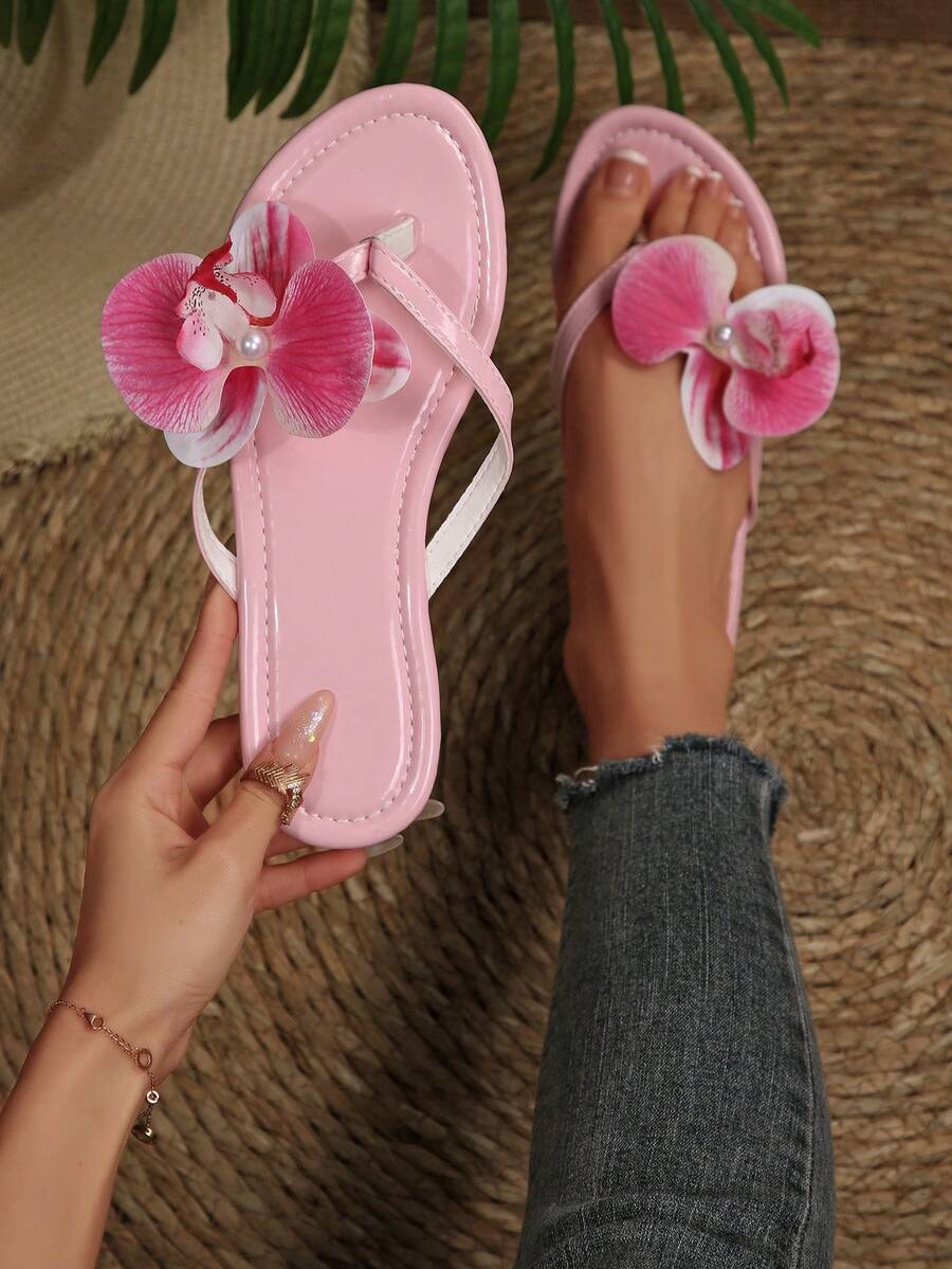 Women's New Summer Fashion Orchid-Themed Creative Vacation Sandals, Simple, Fairy-Like, Sexy, Casual, And Versatile Beach Vacation Sandals, Pink. - Pink - View 1