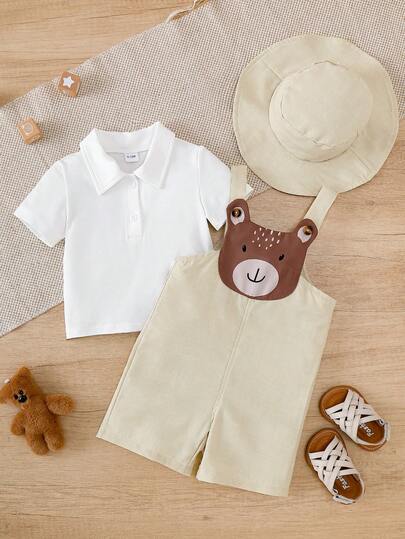 2pcs Toddler Boys' Summer All-Match Casual Cute Bear Pattern Polo Collar Short Sleeve Top And Adjustable Bib Shorts Set With Wide Brim Hat, Suitable For School, Outdoor Adventure, Performances, Weddings, Birthdays And Other Occasions