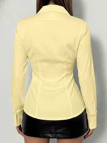 女士春秋新款修身长袖翻领纽扣衬衫，简约时尚优雅休闲必备单品 - 黃色 - 查看 4