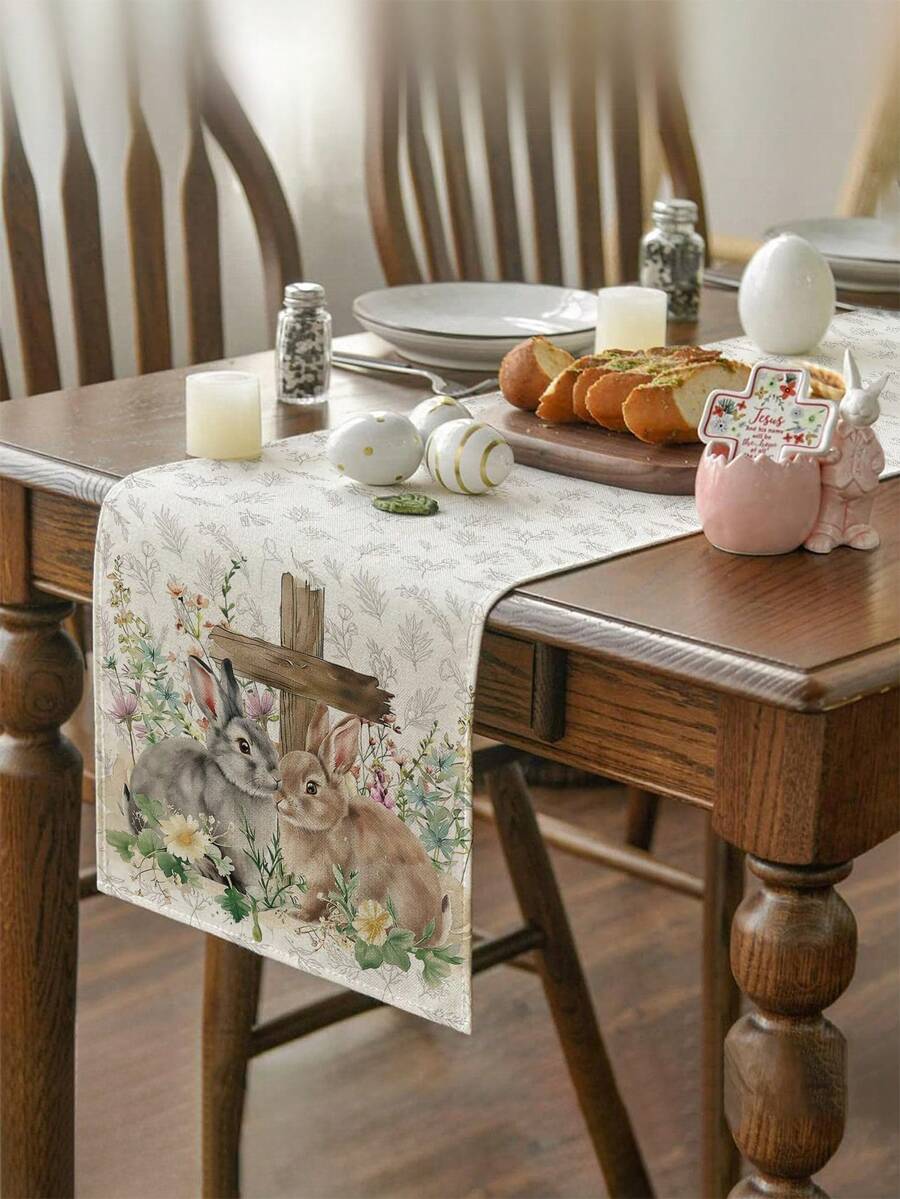 1pc Easter Bunny Pattern Table Runner, Easter Style Table Decor, Linen Material, Available In Multiple Sizes, Suitable For Home Dining, Kitchen Decor, Home Decor, Outdoor Party And Restaurant Decoration, Textured Linen Appearance - White - View 1