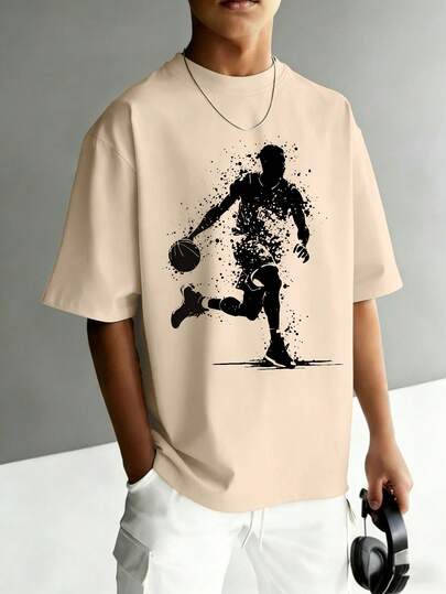 男童休闲篮球印花T恤，柔软舒适短袖运动上衣，适合青少年和儿童，春夏款