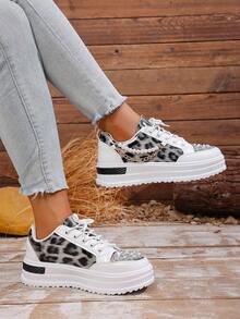 2.6英寸厚底女式运动鞋，春秋新款亮片系带高跟坡跟休闲鞋 - 黑與白 - 查看 6