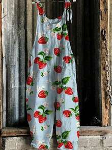 Womenacute;S Spaghetti Strap Jumpsuit Stylish Retro Print Suspender Pants Sleeveless Summer Overalls - 藍色 - 查看 5