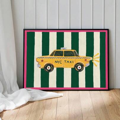 1幅纽约出租车主题复古条纹印花帆布画，少女风海报，适合装饰青少年女孩的卧室和客厅，家居装饰礼物，可选择无框或有框。