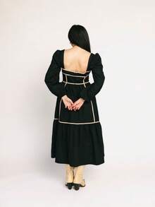 Women's Casual Long-Sleeved Square-Neck Backless Mid-Length Dress - Black - View 8