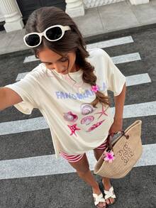 Bộ 2 món áo thun in hình sao biển và quần short kẻ sọc tương phản dành cho nữ, trang phục đi nghỉ mát/đi biển, thích hợp cho mùa xuân/hè, ngày Valentine, tiệc tùng. - Nhiều màu - Xem 4