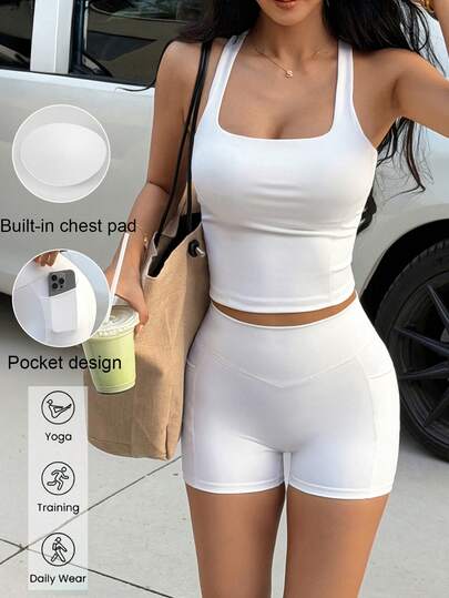 Aoqta Sports Women's Two Pieces Spring/Summer Solid Color Slim Sleeved Neck Top And High Waisted Hip Shorts Suit For Gym Yoga Pilates Workout