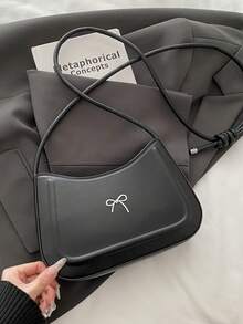 Sac à bandoulière avec nœud papillon et croissant, sac bandoulière chic, pochette minimaliste de couleur unie, design unique pour les déplacements - Noir - Voir 7